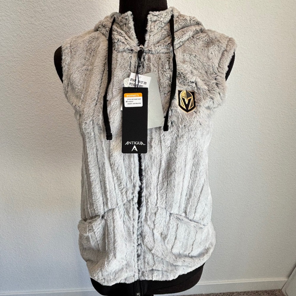 Antigua NHL VGK Vegas Golden Knights Faux Fur Hooded Vest Grey Womens Medium NWT